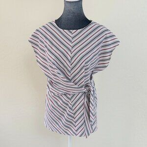 Striped Vintage Brand Womens Blouse With Waist Tie - White/Black/Brown - Size S